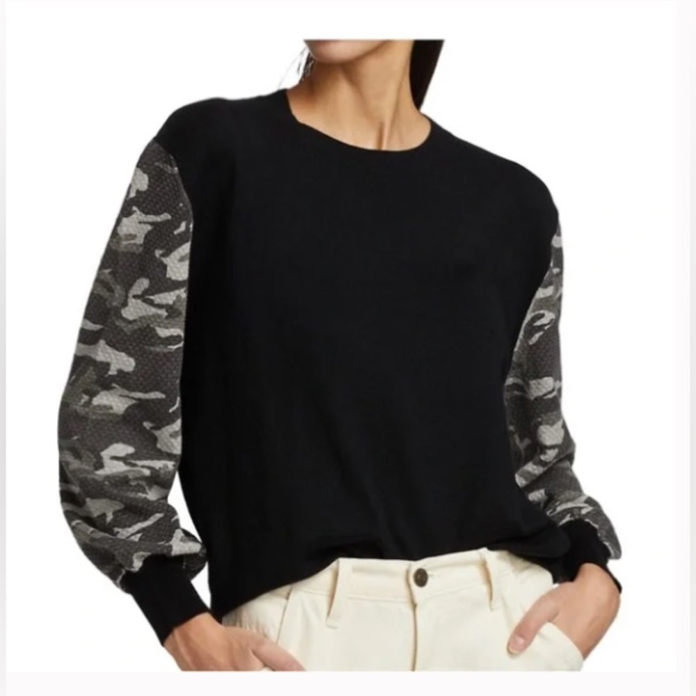 NWT MONROW Cotton + Cashmere Black Camo Contrast-Sleeve